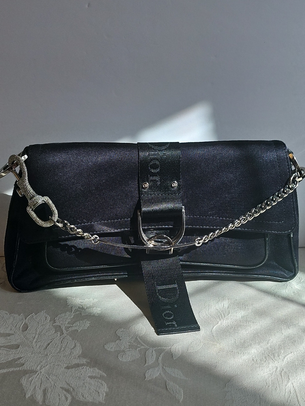 Christian Dior Vintage Black Jersey Hardcore Crystal Silver Chain Bag